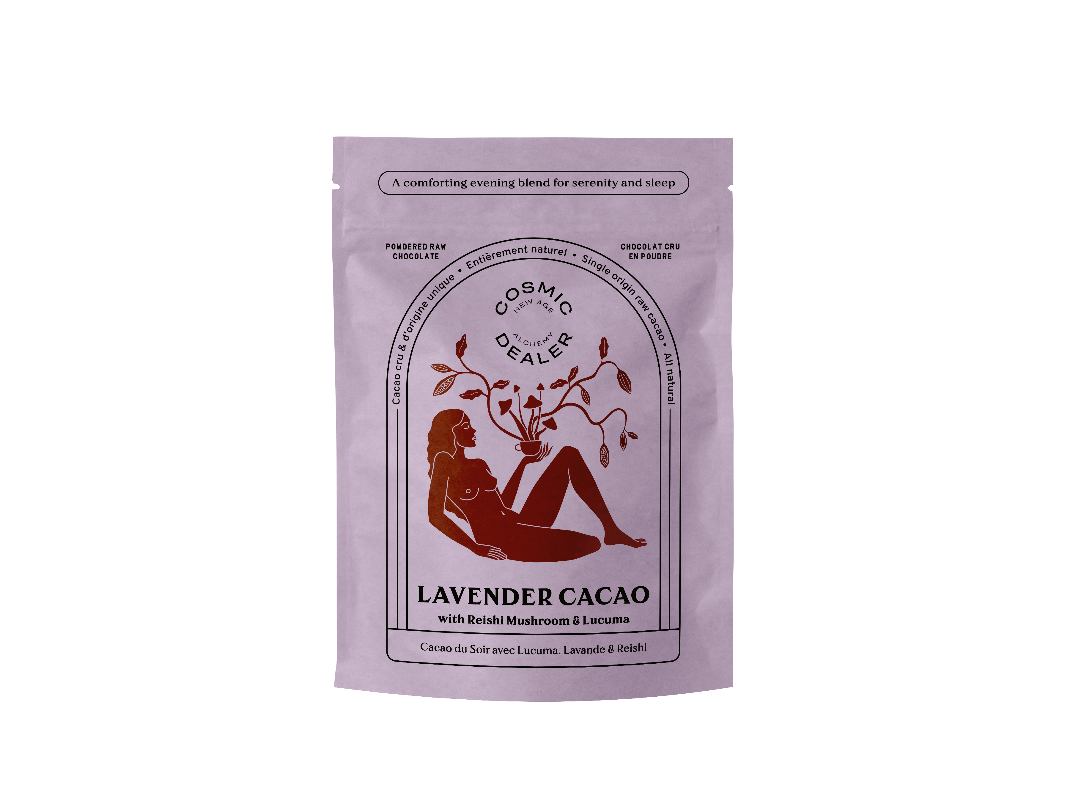 Cacao y Lavanda (noche). Mezcla de cacao para beber enriquecida con Reishi y lúcuma