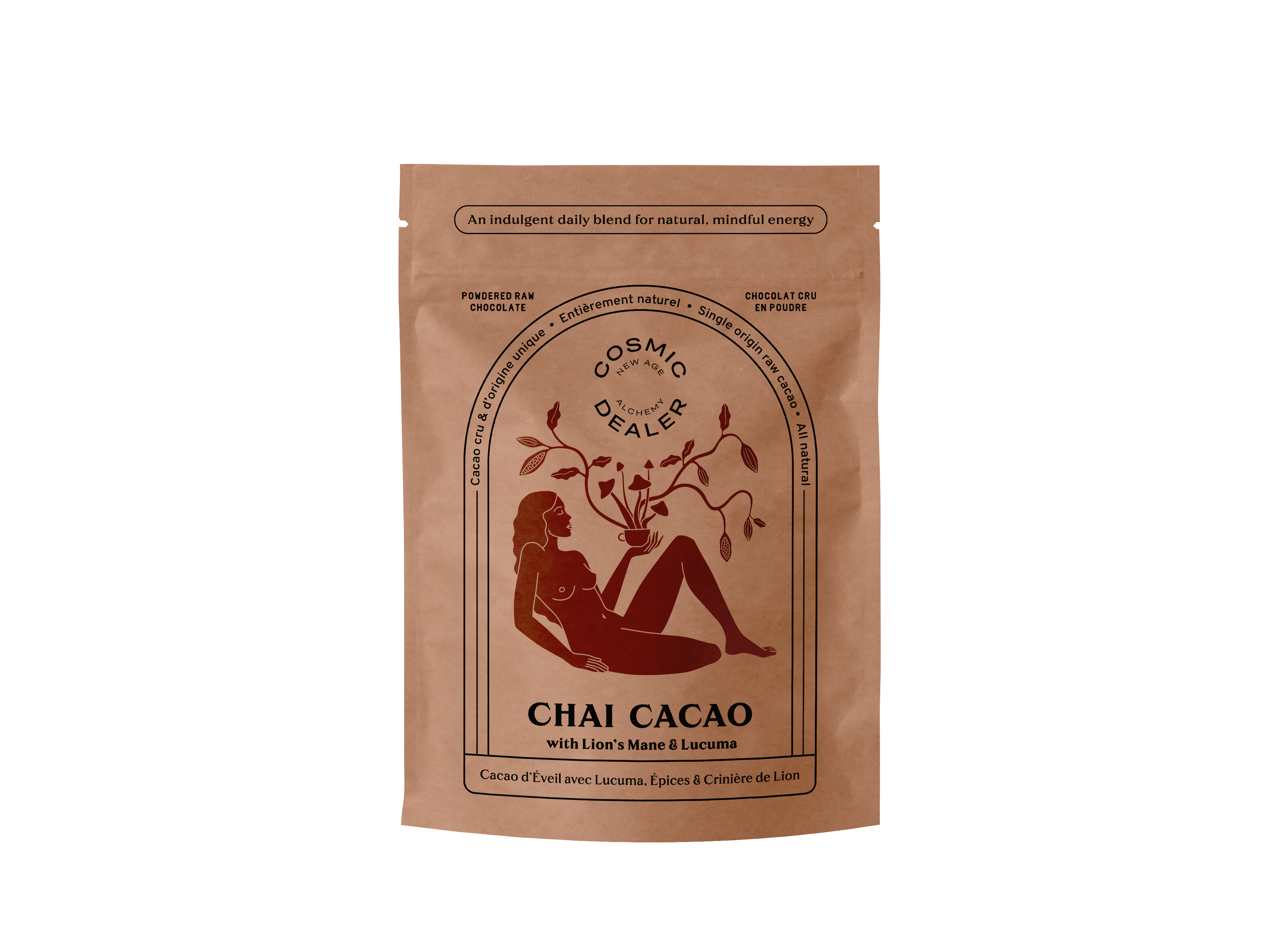 Cacao Chai (día). Mezcla de cacao para beber enriquecida con hongos y lúcuma.