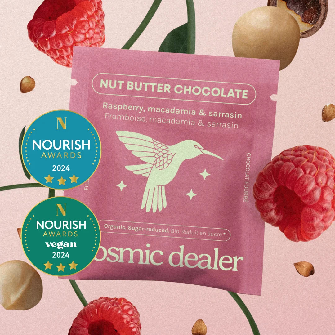 Snack de chocolate Chakra con frambuesa y nueces de macadamia